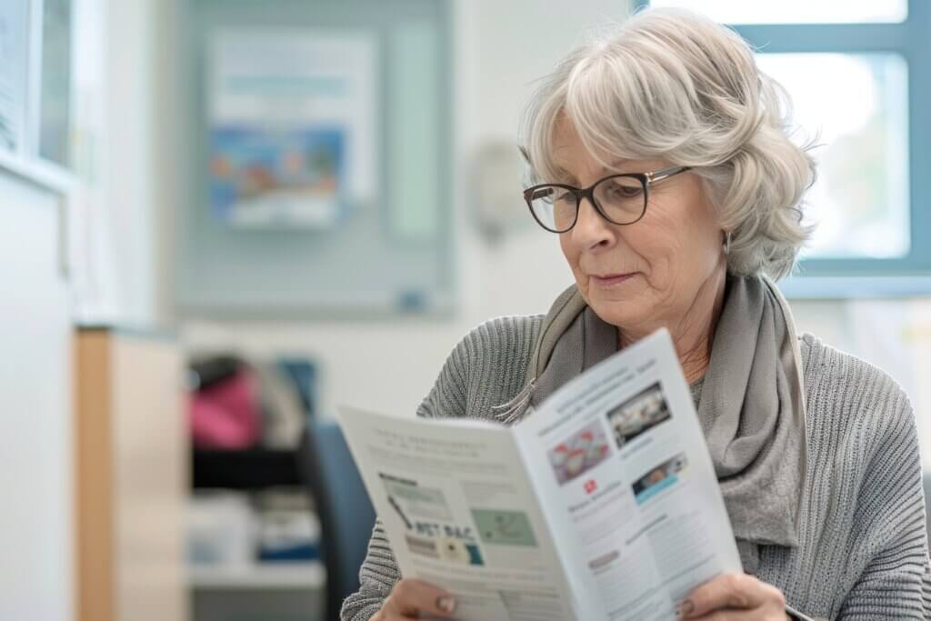 elderly woman wearing glasses, reading a medical brochure in a bright and calm environment