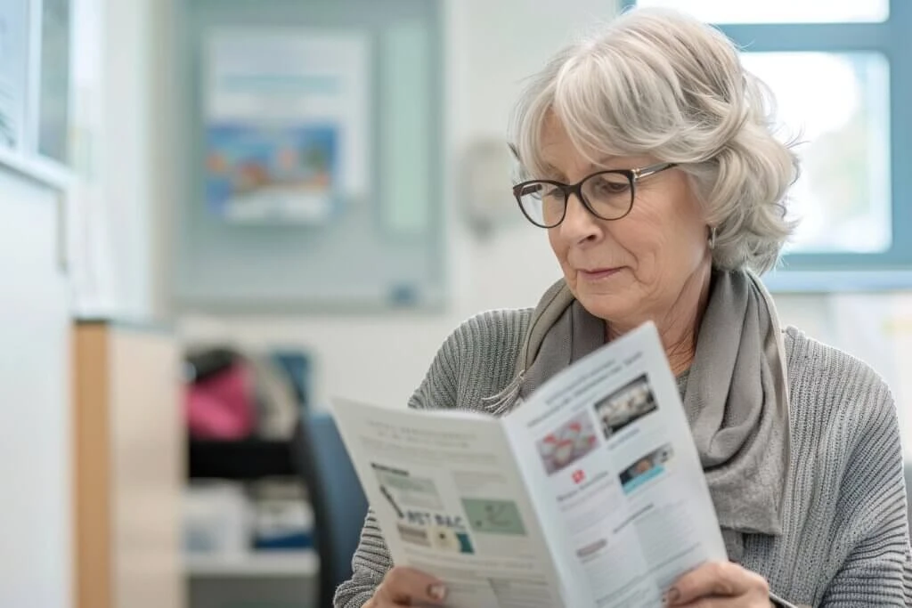 elderly woman wearing glasses, reading a medical brochure in a bright and calm environment