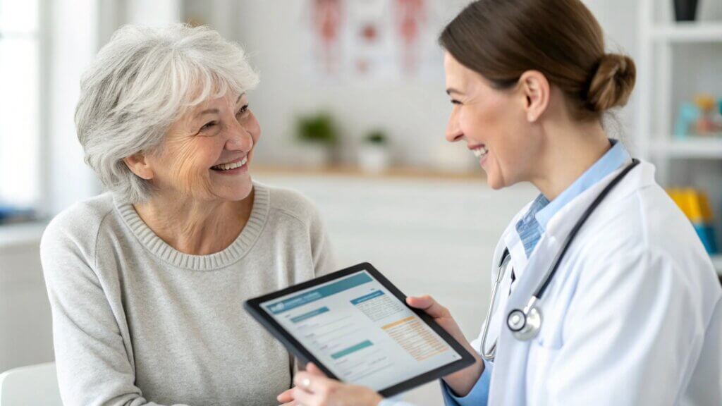 Female Doctor helping a patient with an digital device showing a patient EHR