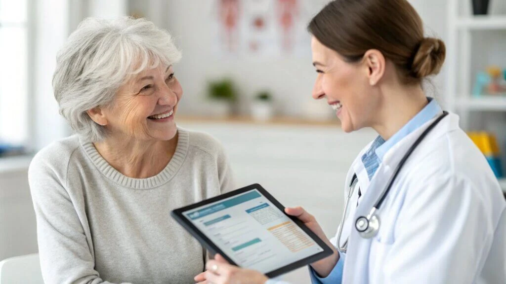Female Doctor helping a patient with an digital device showing a patient EHR