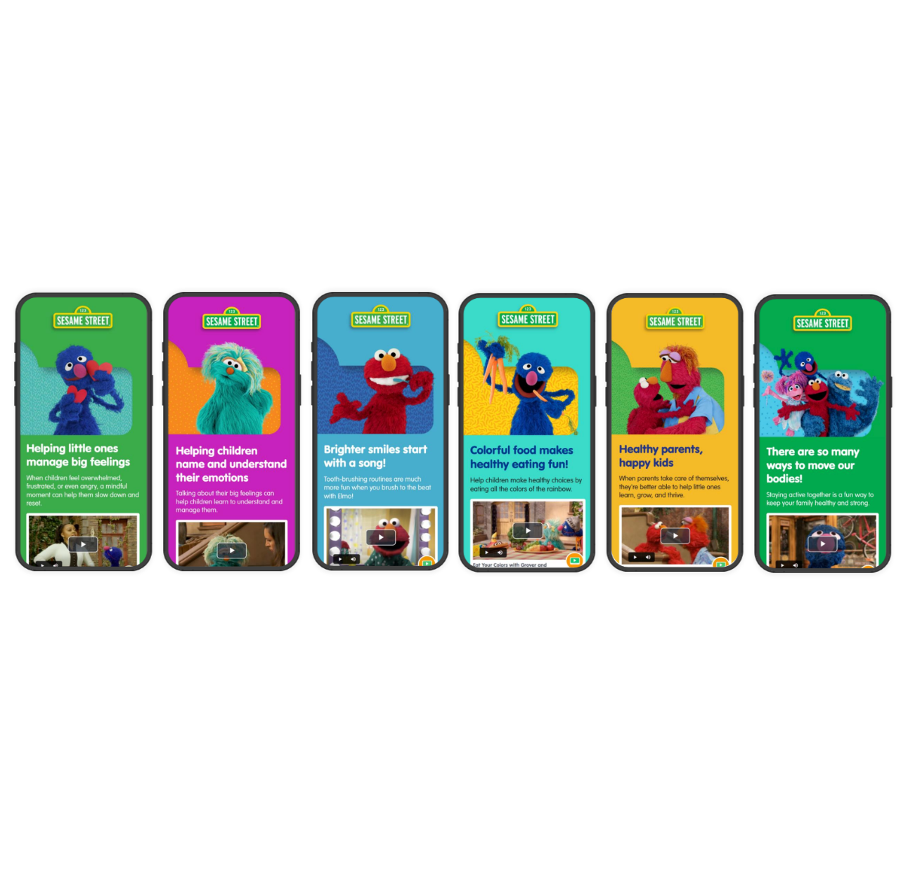 A lineup of six smartphone mockups displaying different brightly colored Sesame Street digital campaign screens used at the point of care. Each screen features a specific health topic, a beloved character, and an embedded video, including Grover for managing big feelings, Rosita for understanding emotions, Elmo for tooth-brushing, Grover for healthy eating, Elmo and his dad for parental self-care, and a group of characters promoting physical activity.