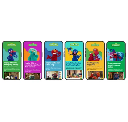 A lineup of six smartphone mockups displaying different brightly colored Sesame Street digital campaign screens used at the point of care. Each screen features a specific health topic, a beloved character, and an embedded video, including Grover for managing big feelings, Rosita for understanding emotions, Elmo for tooth-brushing, Grover for healthy eating, Elmo and his dad for parental self-care, and a group of characters promoting physical activity.