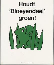 Een affiche met de tekst "Houdt Bloeyendael schoon' met daaronder een illustratie van twee kikkers.