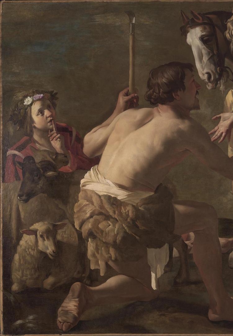 Schilderij: een man met bloot bovenlichaam en vieze blote voeten knielt voor een vrouw in kostbaar gewaad.
