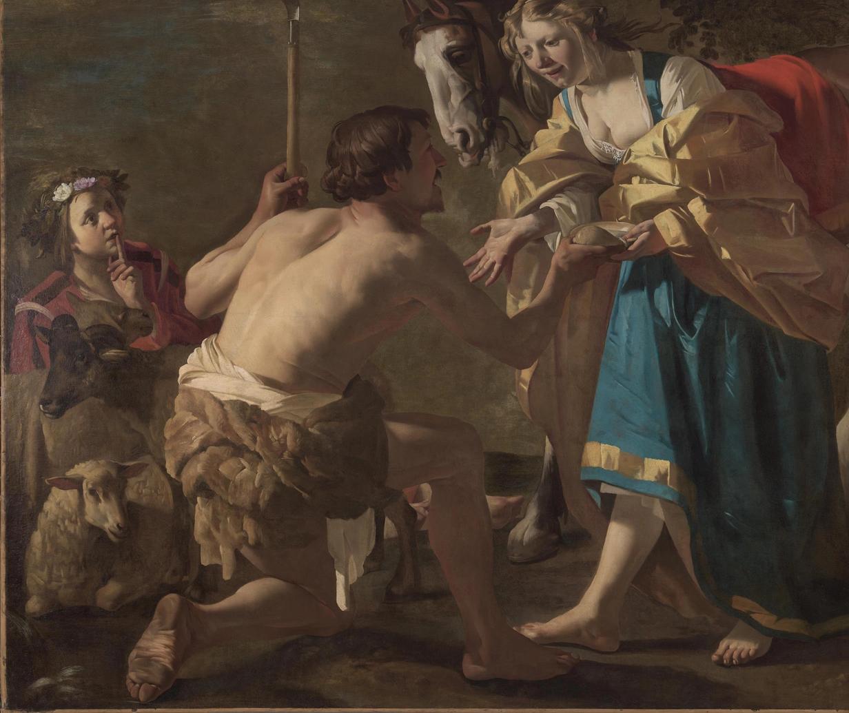 Schilderij: een man met bloot bovenlichaam en vieze blote voeten knielt voor een vrouw in kostbaar gewaad.