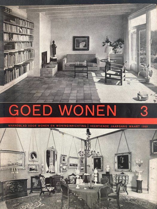 Omslag van tijdschrift Goed Wonen, met boven een 'goed' interieur en onder een 'ouderwets' interieur.