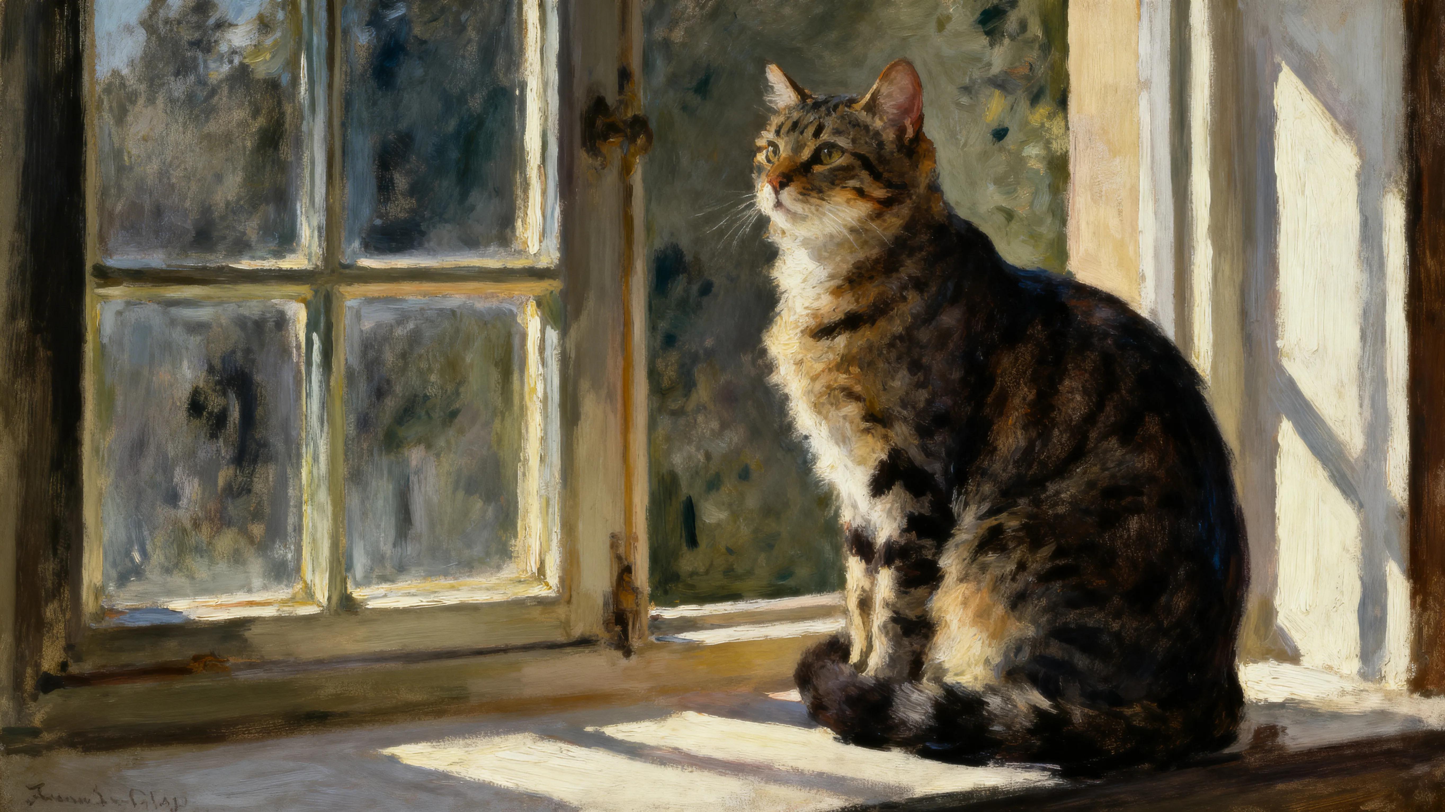 Een schilderij van een gestreepte kat die in het zonlicht voor een raam zit.