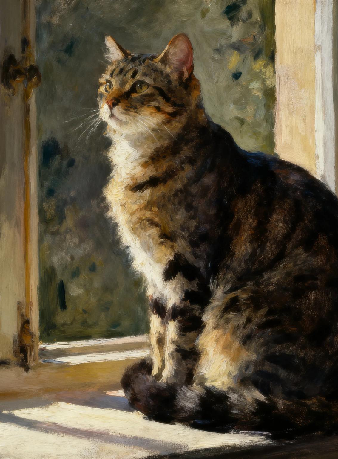 Een schilderij van een gestreepte kat die in het zonlicht voor een raam zit.