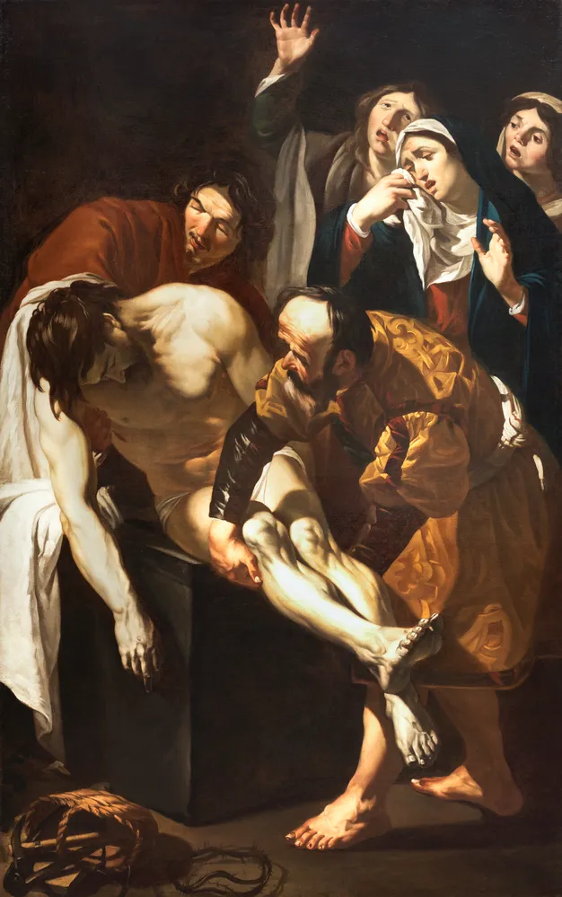 Schilderij met bijbelse voorstelling: Het dode lichaam van Jezus wordt opgetild om in het graf te leggen.