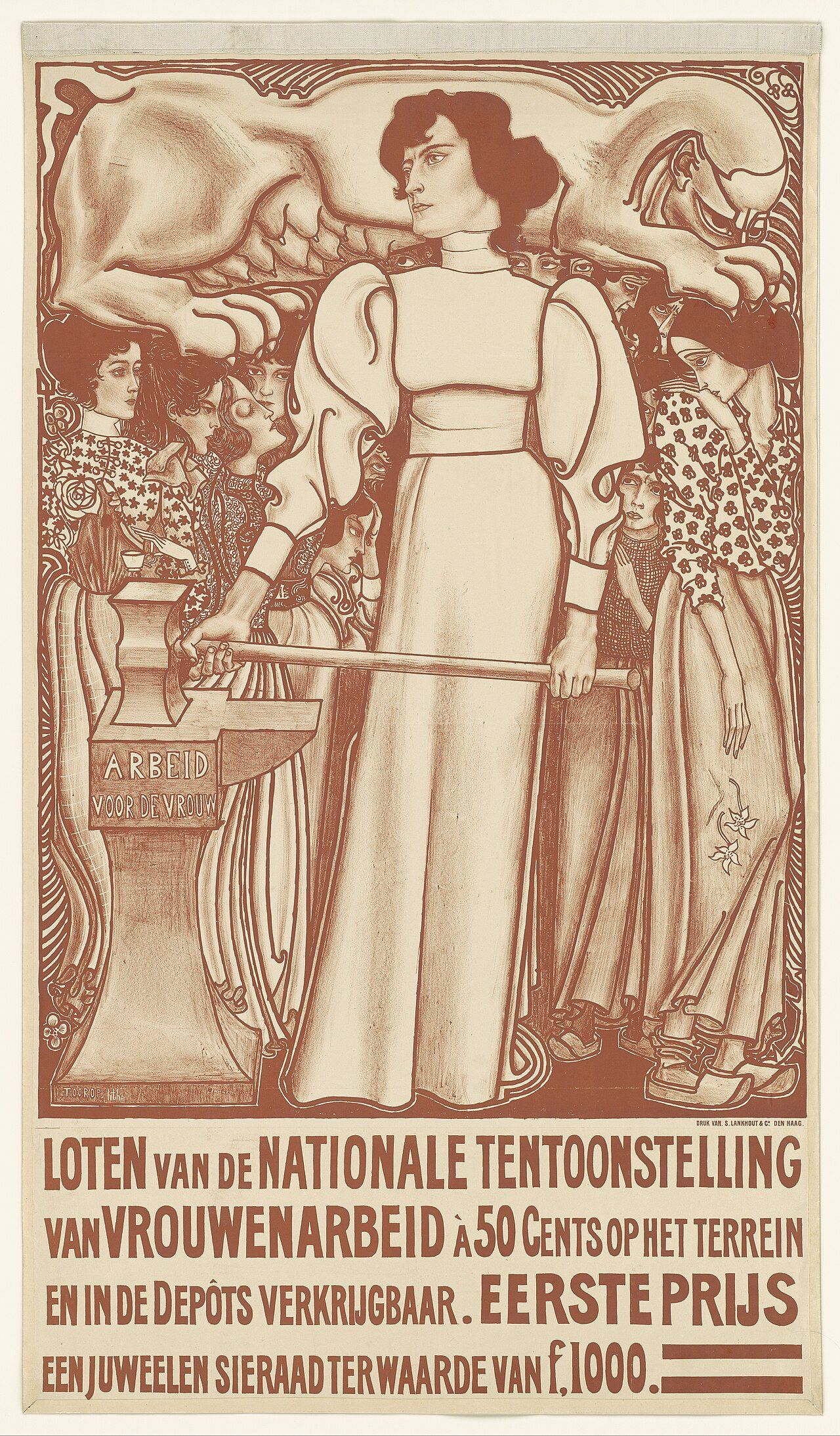 Illustratie van een vrouw die met een hamer op een aambeeld slaat, in art nouveau stijl.