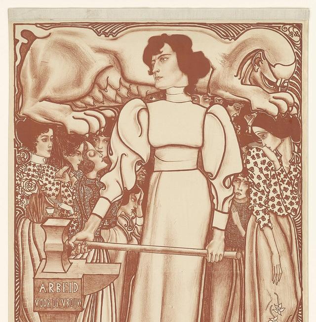 Illustratie van een vrouw die met een hamer op een aambeeld slaat, in art nouveau stijl.