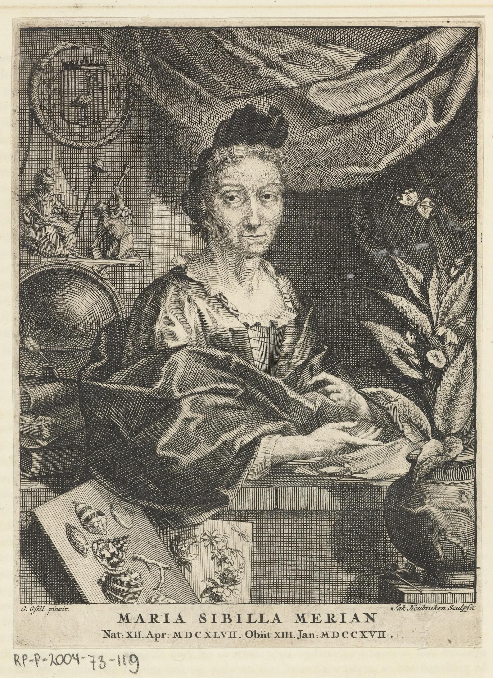 Prent met portret van Maria Sibylla Merian