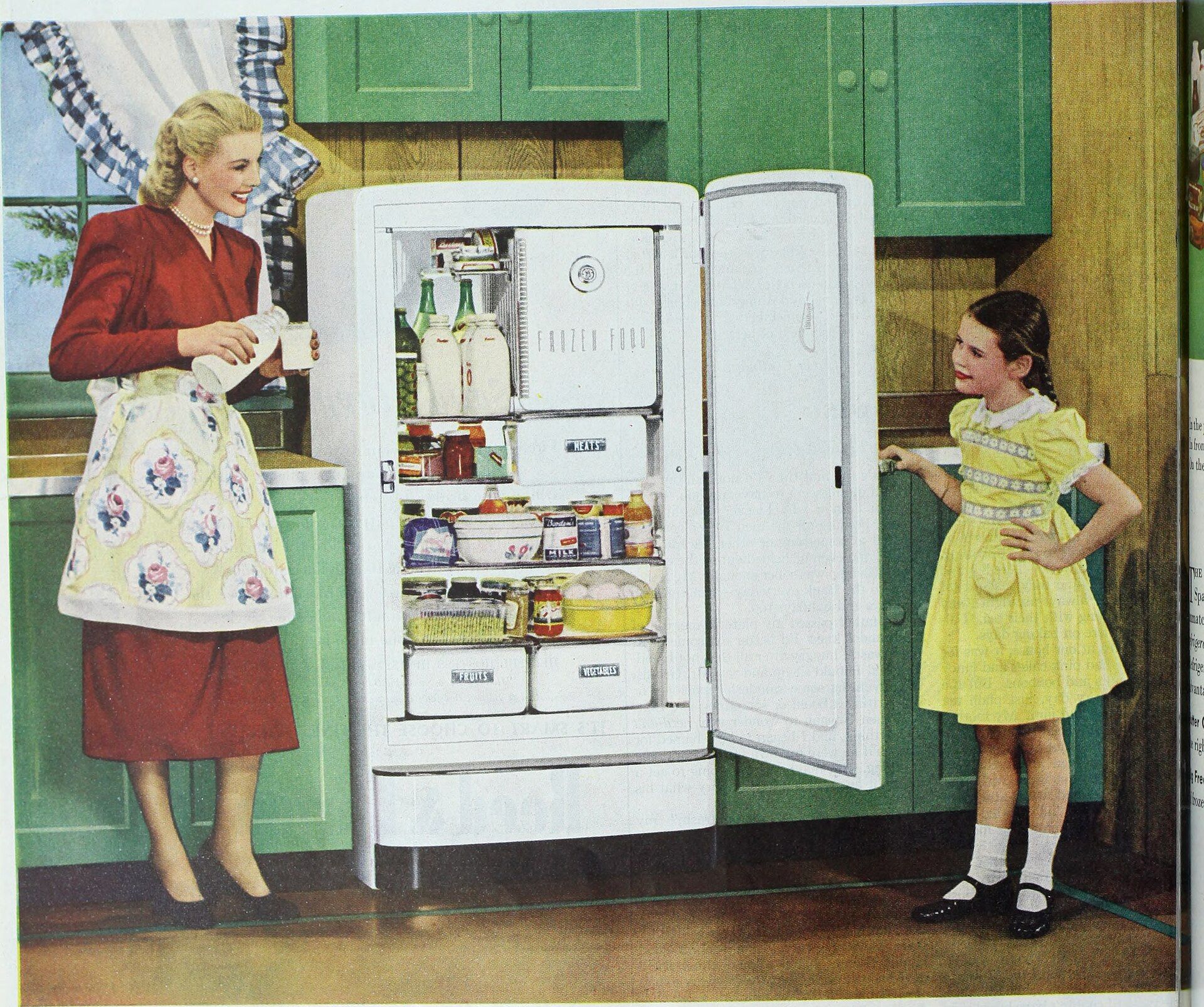 A woman and a girl on either side of a refrigerator.