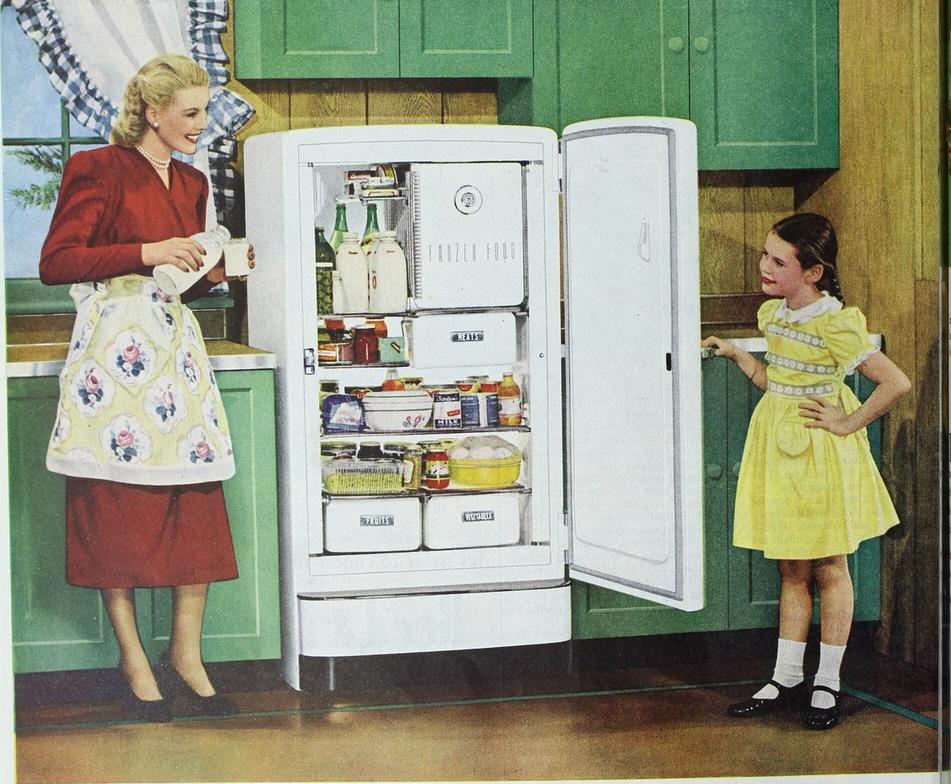 A woman and a girl on either side of a refrigerator.