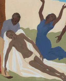 Schilderij met bijbelse voorstelling: mensen bewenen het dode lichaam van Jezus.