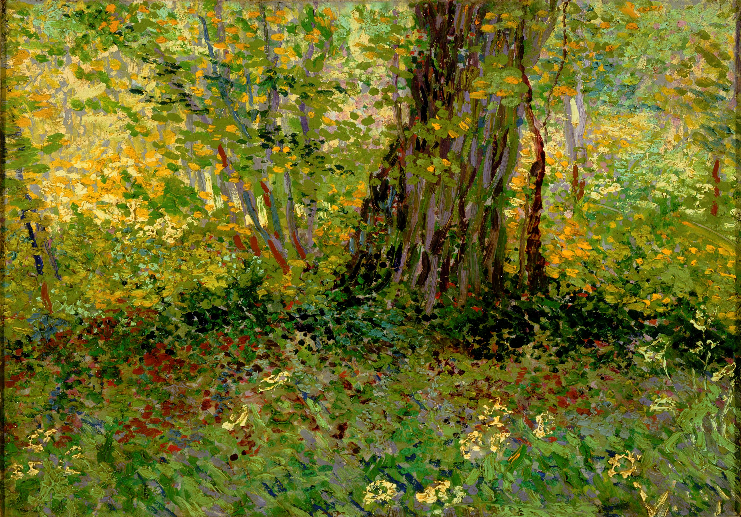 Painting of a forest with many shades of green