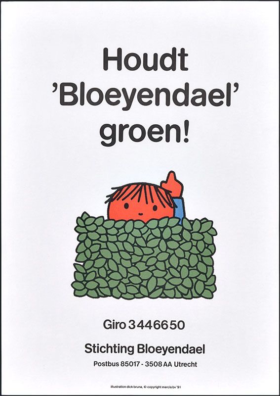 Een affiche met de tekst "Houdt Bloeyendael groen!' met een illustratie van een oranje figuur achter een heg.