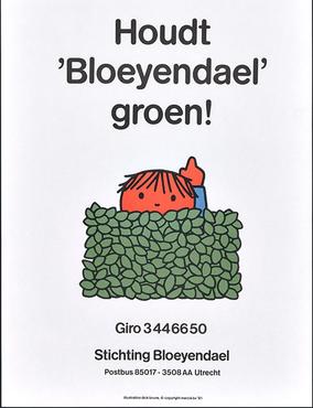 Een affiche met de tekst "Houdt Bloeyendael groen!' met een illustratie van een oranje figuur achter een heg.