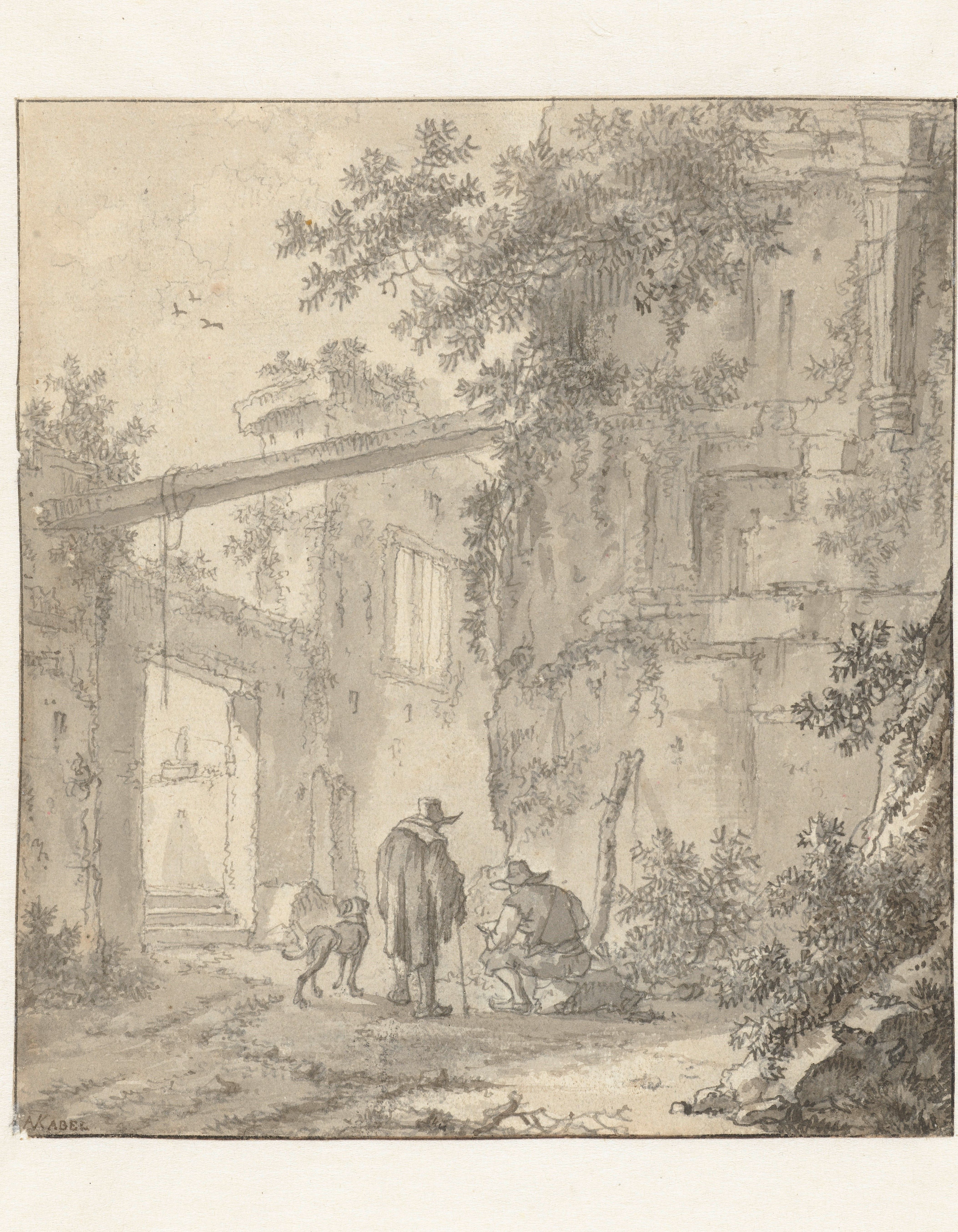 tekening van bouwval van een antiek gebouw met een tekenaar