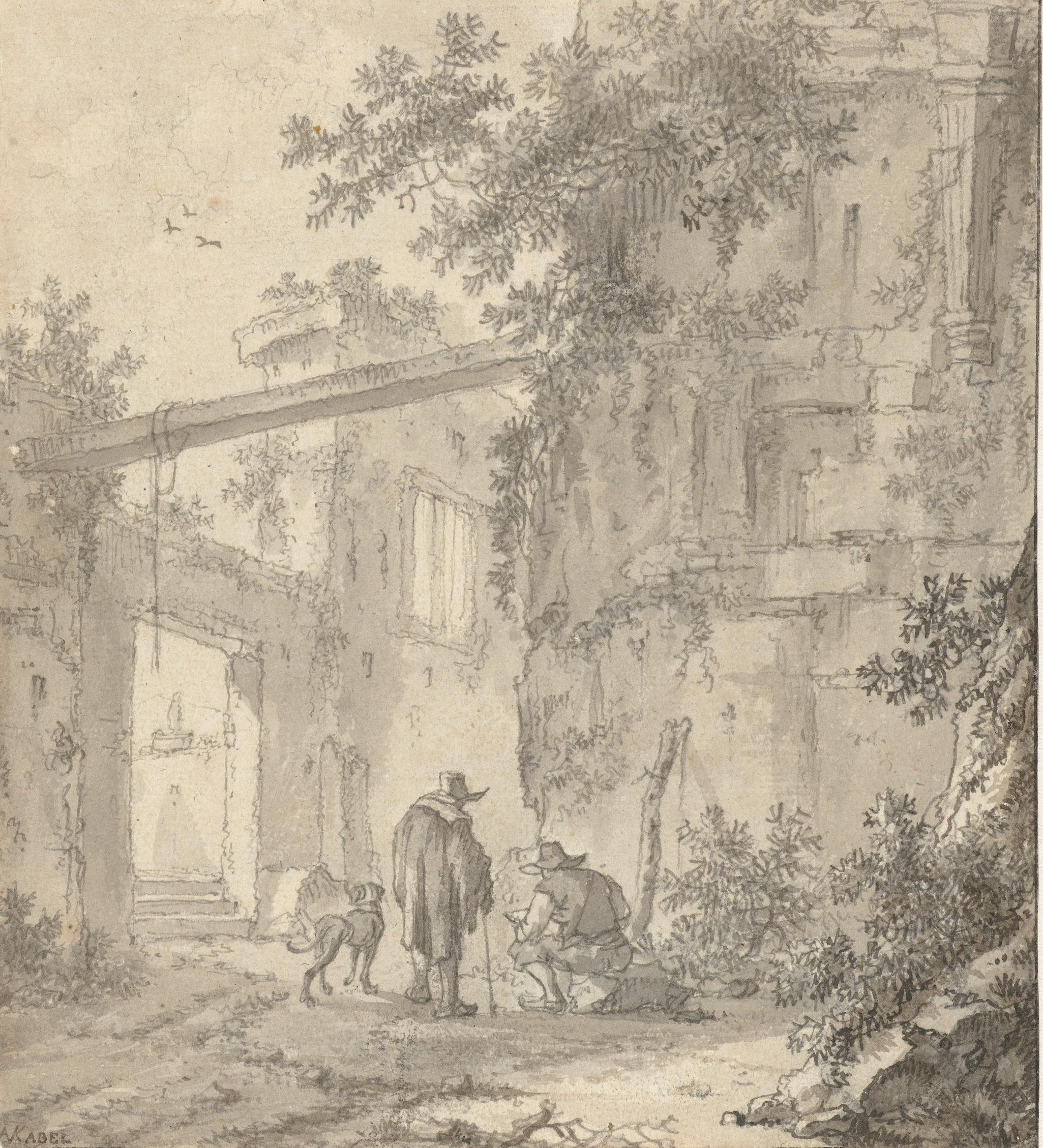 tekening van bouwval van een antiek gebouw met een tekenaar