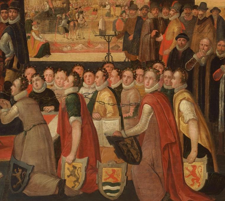 schilderij met Spaanse soldaten en gevangene Nederlandse soldaten