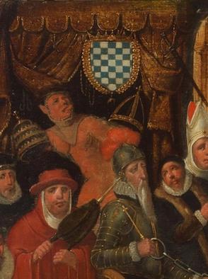 schilderij met Spaanse soldaten en gevangene Nederlandse soldaten
