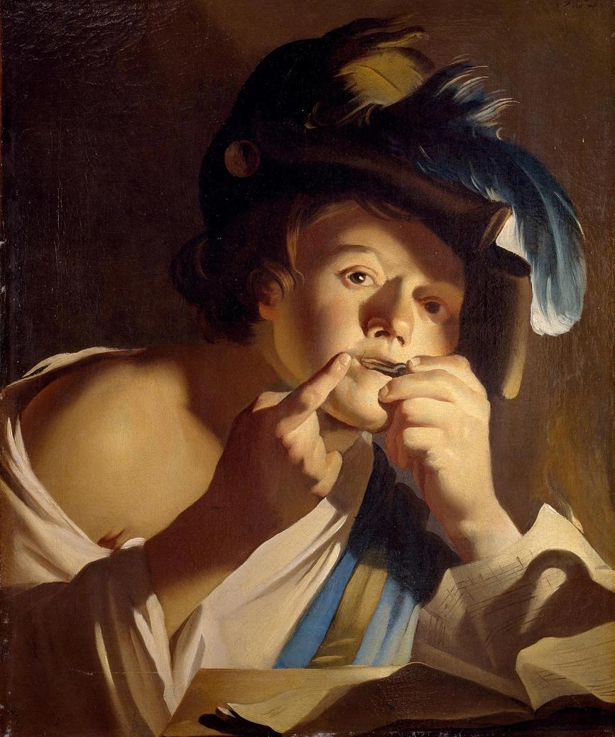 Schilderij, jongen met hoed met veren speelt op een mondharp.