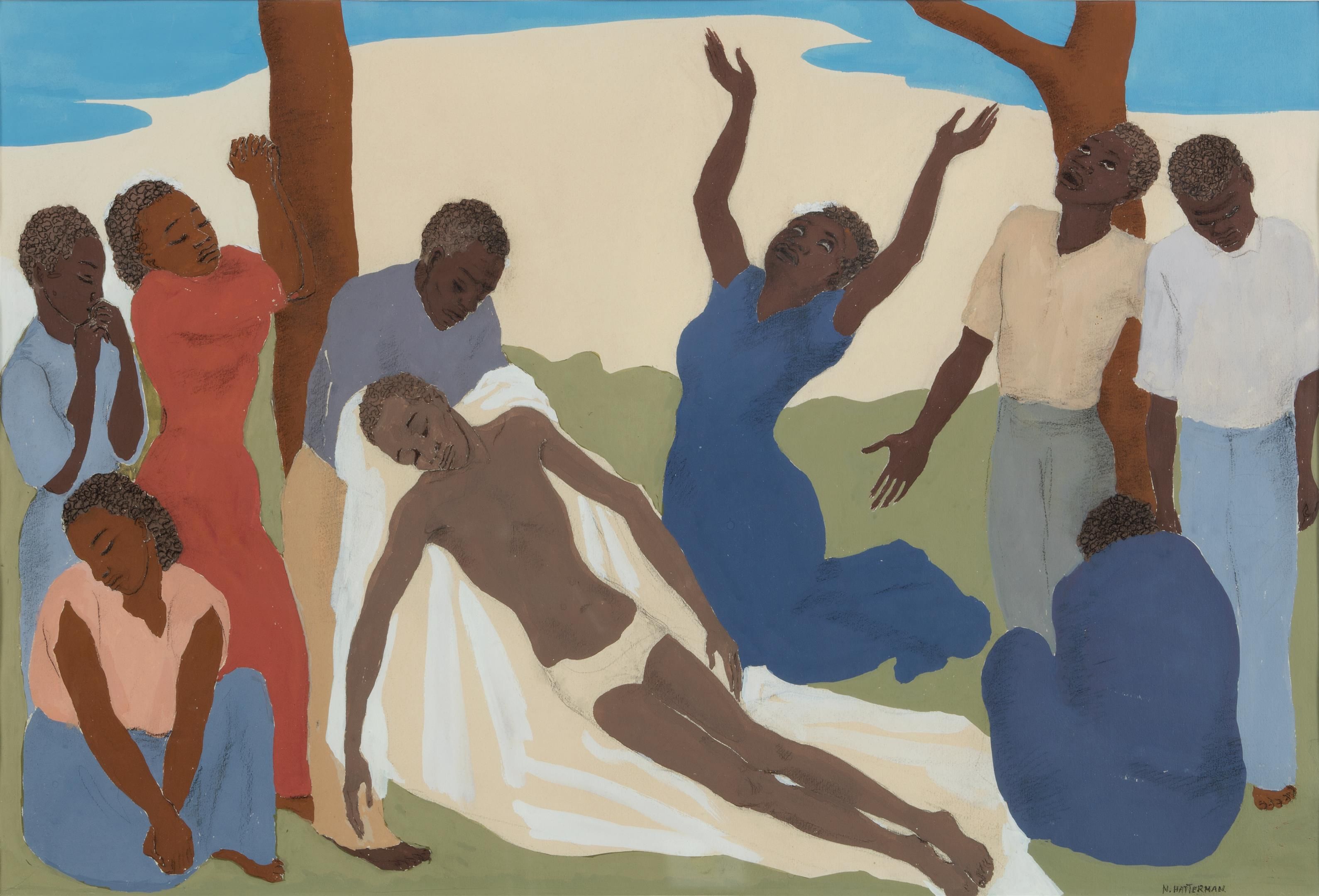 Schilderij met bijbelse voorstelling: mensen bewenen het dode lichaam van Jezus.