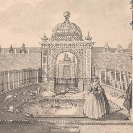 drawing of a garden with animals, a woman in a dress and a man