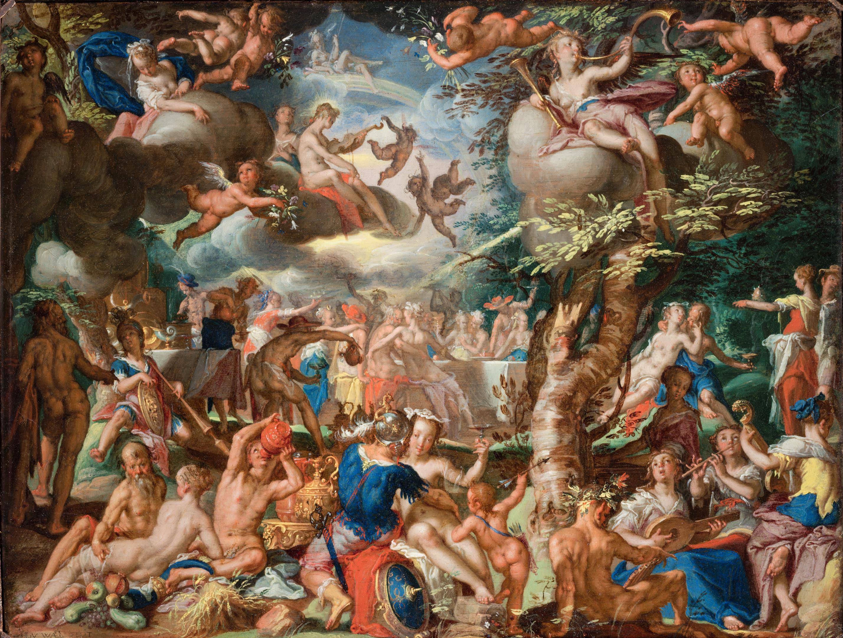 Schilderij met mythologische voorstelling: een bruilofstfeest met talloze figuren, de meesten naakt.