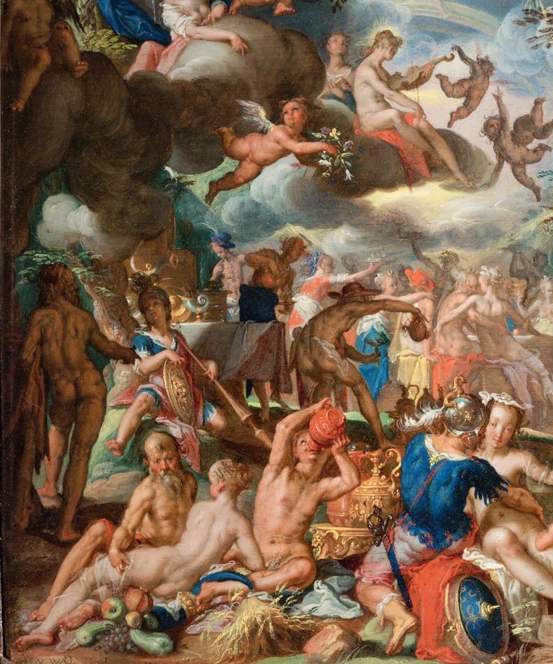 Schilderij met mythologische voorstelling: een bruilofstfeest met talloze figuren, de meesten naakt.