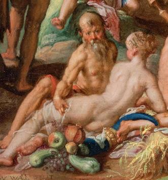Schilderij met mythologische voorstelling: een bruilofstfeest met talloze figuren, de meesten naakt.