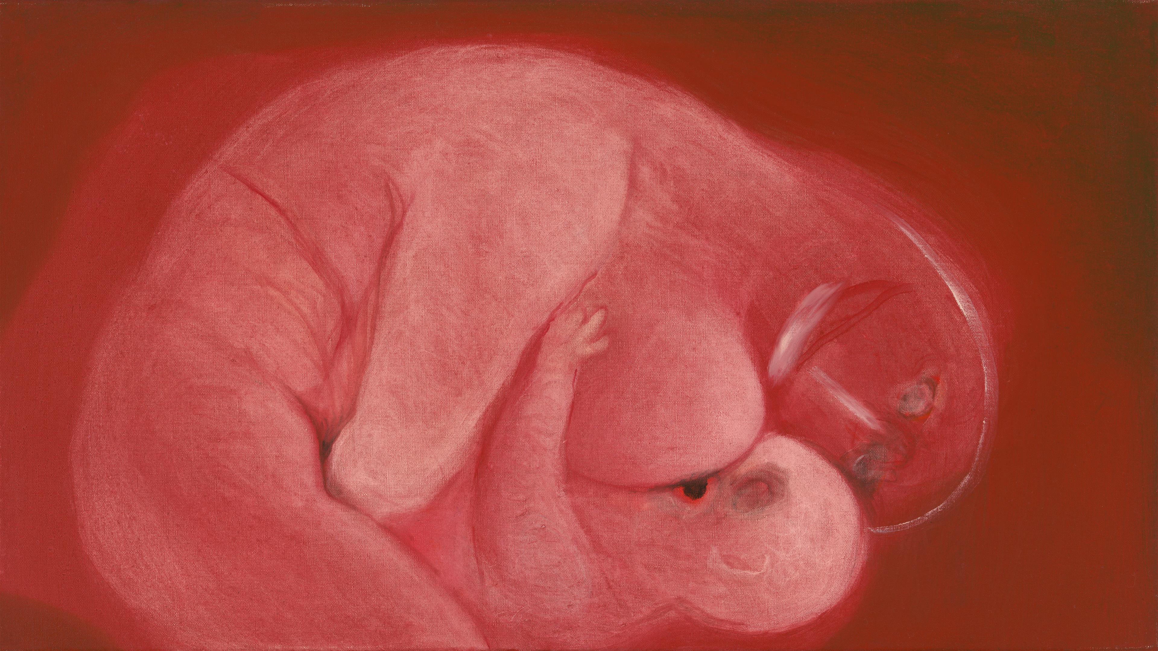 Schilderij rood met vrouw die borstvoeding geeft aan kind 