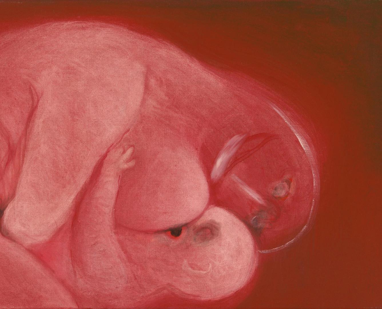 Red painting of a woman breastfeeding a child