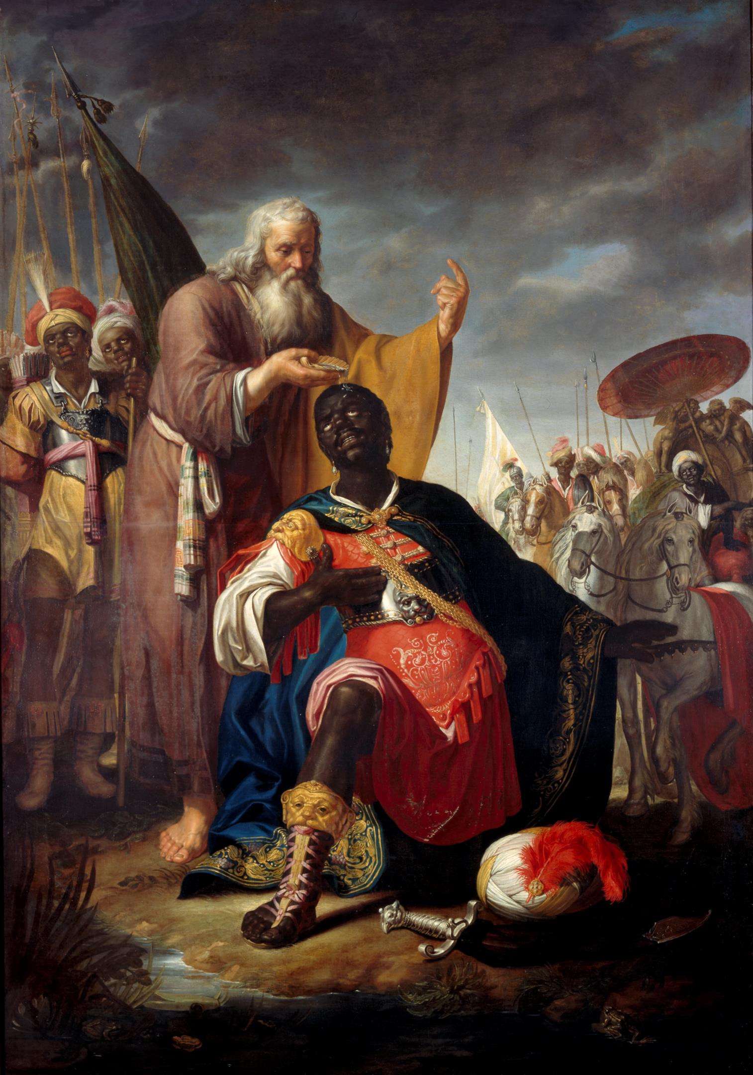 Schilderij met bijbelse voorstelling, man giet water over het hoofd van een knielende man: hij wordt gedoopt.