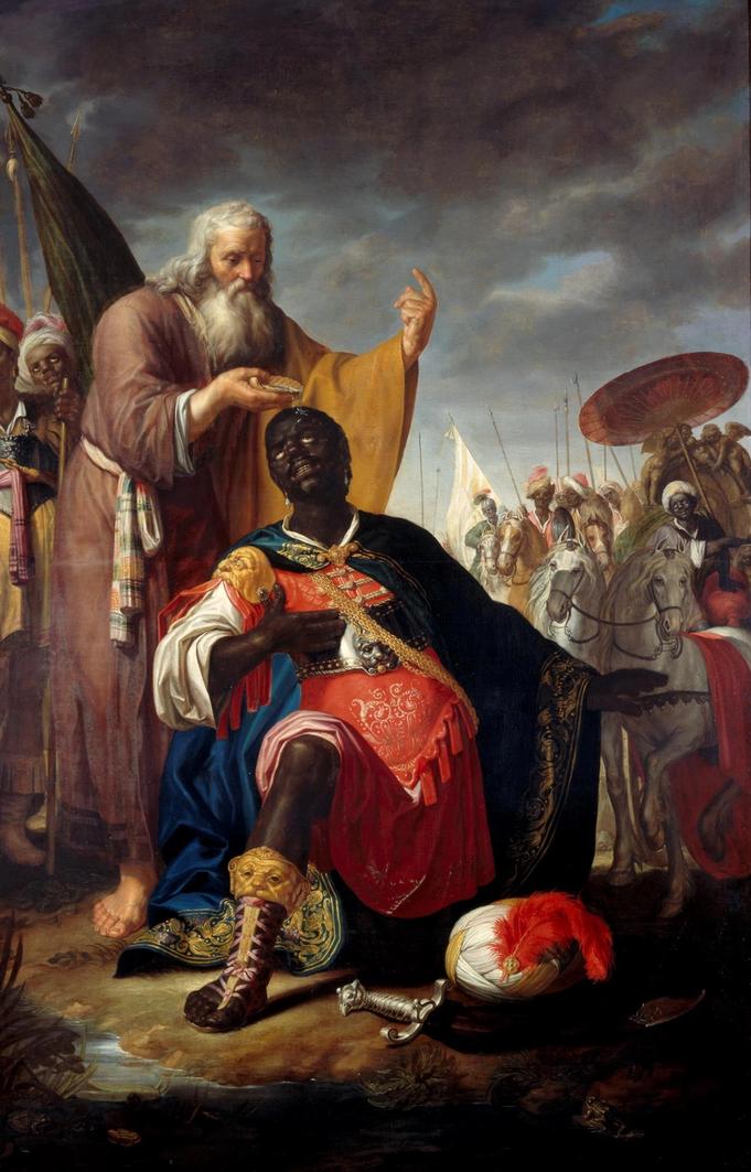 Schilderij met bijbelse voorstelling, man giet water over het hoofd van een knielende man: hij wordt gedoopt.