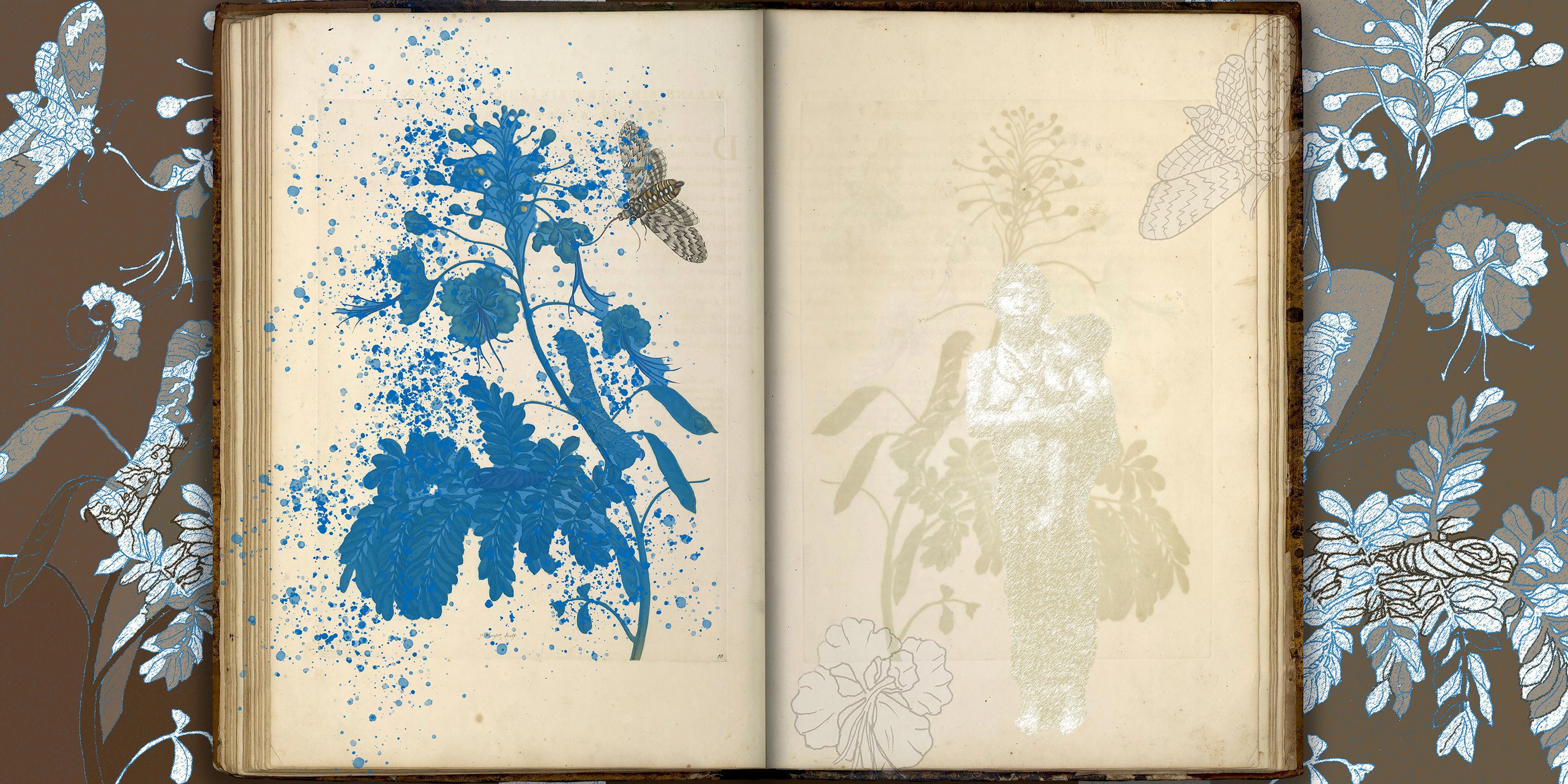 kunstwerk in een boek met blauwe planten en rechts een staand persoon