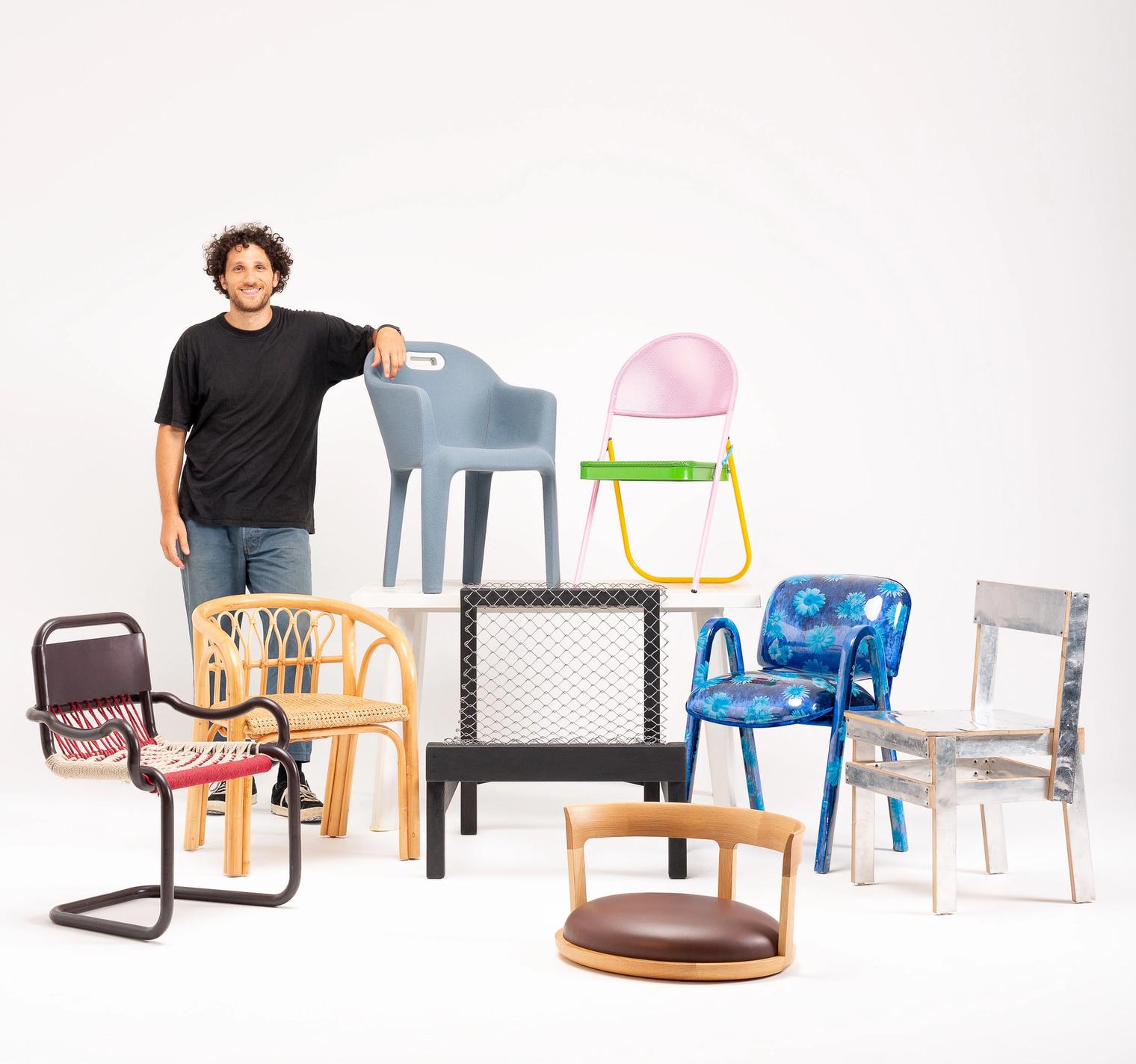 man with 8 different types of chairs