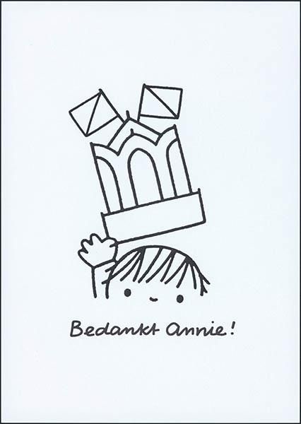 Mensfiguur tilt hoed omhoog, hoed in de vorm van Utrechtse Domtoren met vlaggetjes, onderaan de tekst Bedankt Annie!