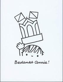 Mensfiguur tilt hoed omhoog, hoed in de vorm van Utrechtse Domtoren met vlaggetjes, onderaan de tekst Bedankt Annie!