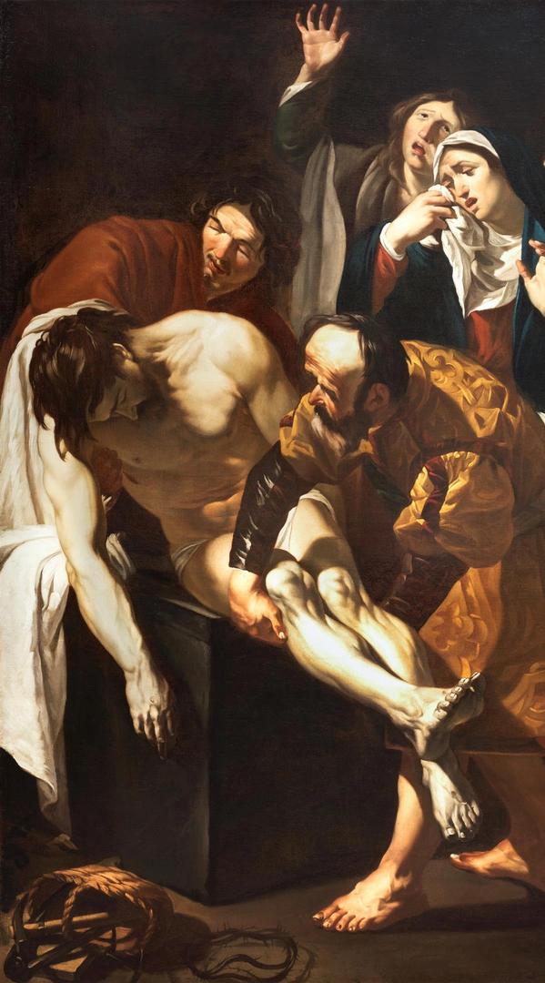 Schilderij met bijbelse voorstelling: Het dode lichaam van Jezus wordt opgetild om in het graf te leggen.