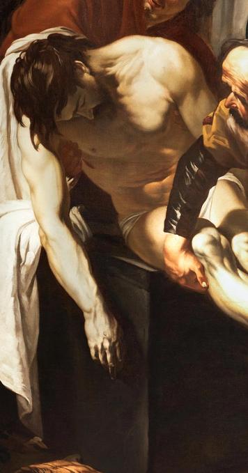 Het dode lichaam van Jezus, bij de knieën vastgehouden door een oude man met baard.