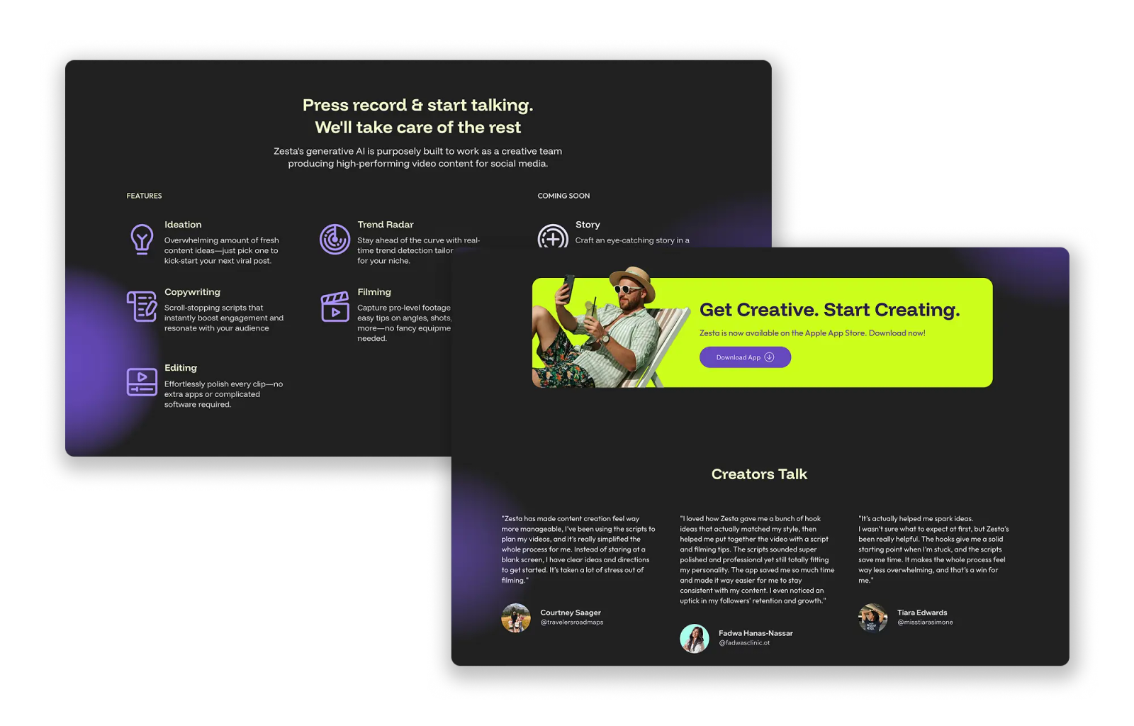 Zesta website sections: features and creator testimonials
