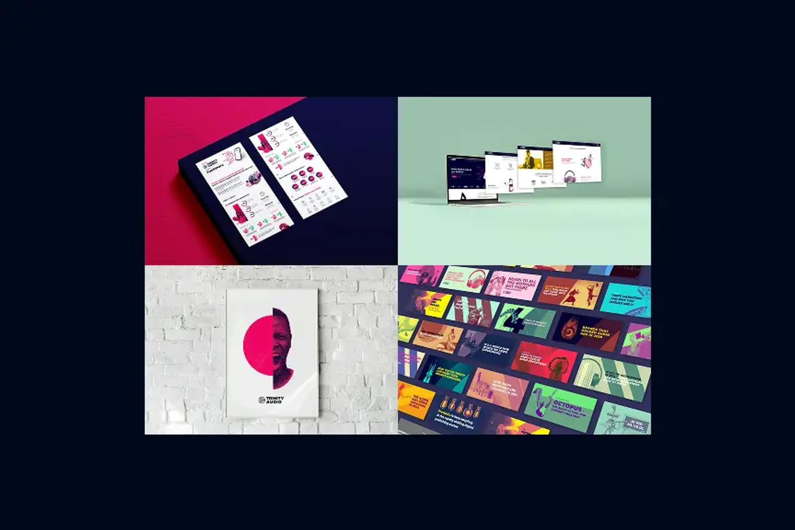 Trinity Audio work: one-pager, website, poster and banners