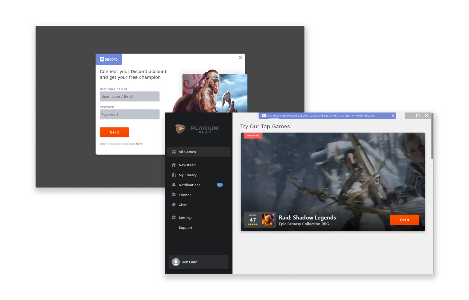 Discord account connection flow in Plarium Play