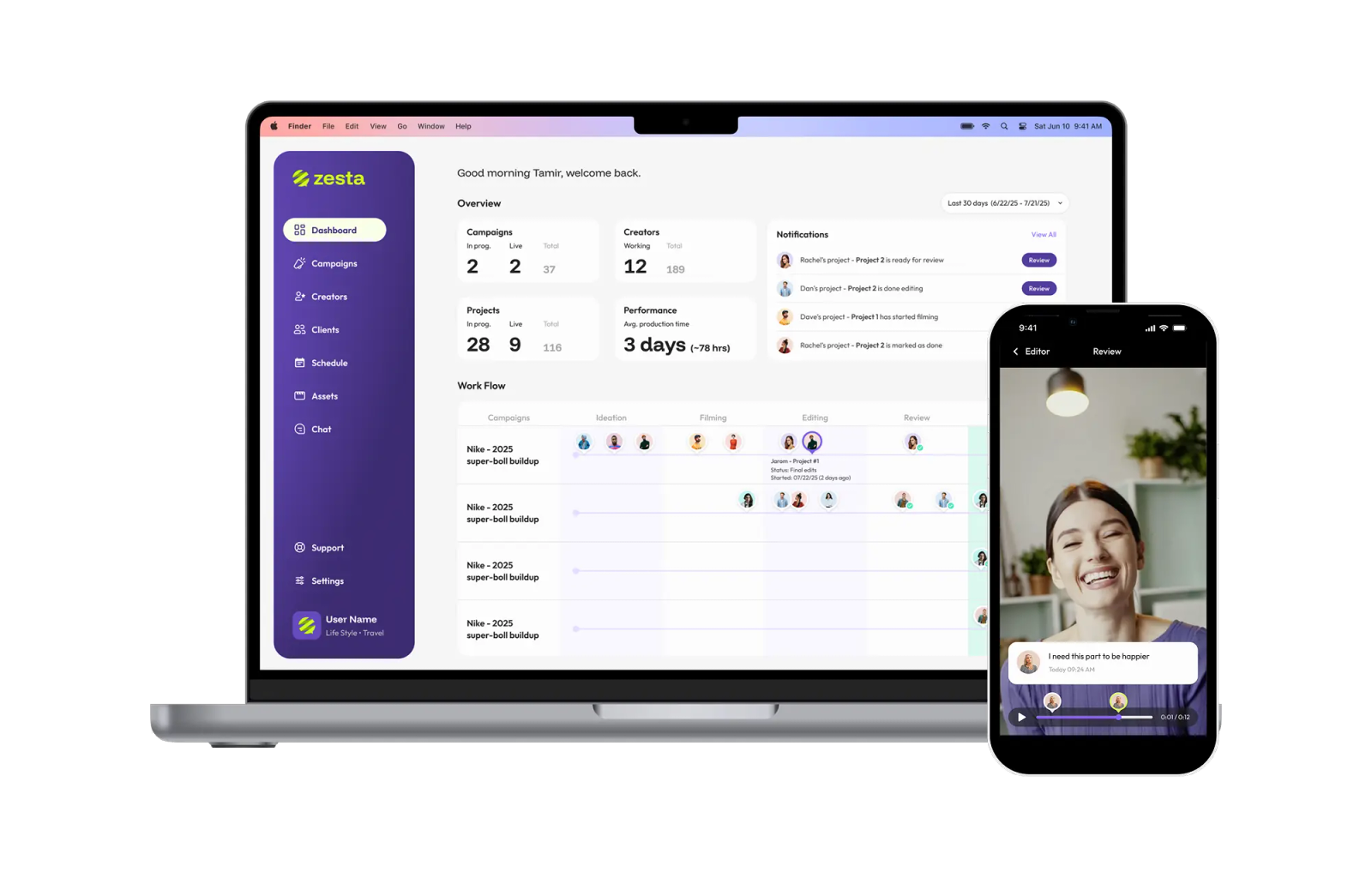 Zesta B2B dashboard on a laptop with the mobile app beside it