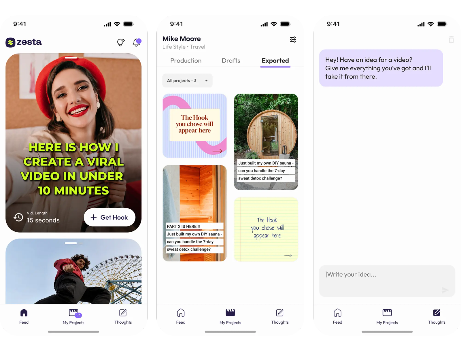 Zesta feed, projects and chat screens before and after the redesign — after
