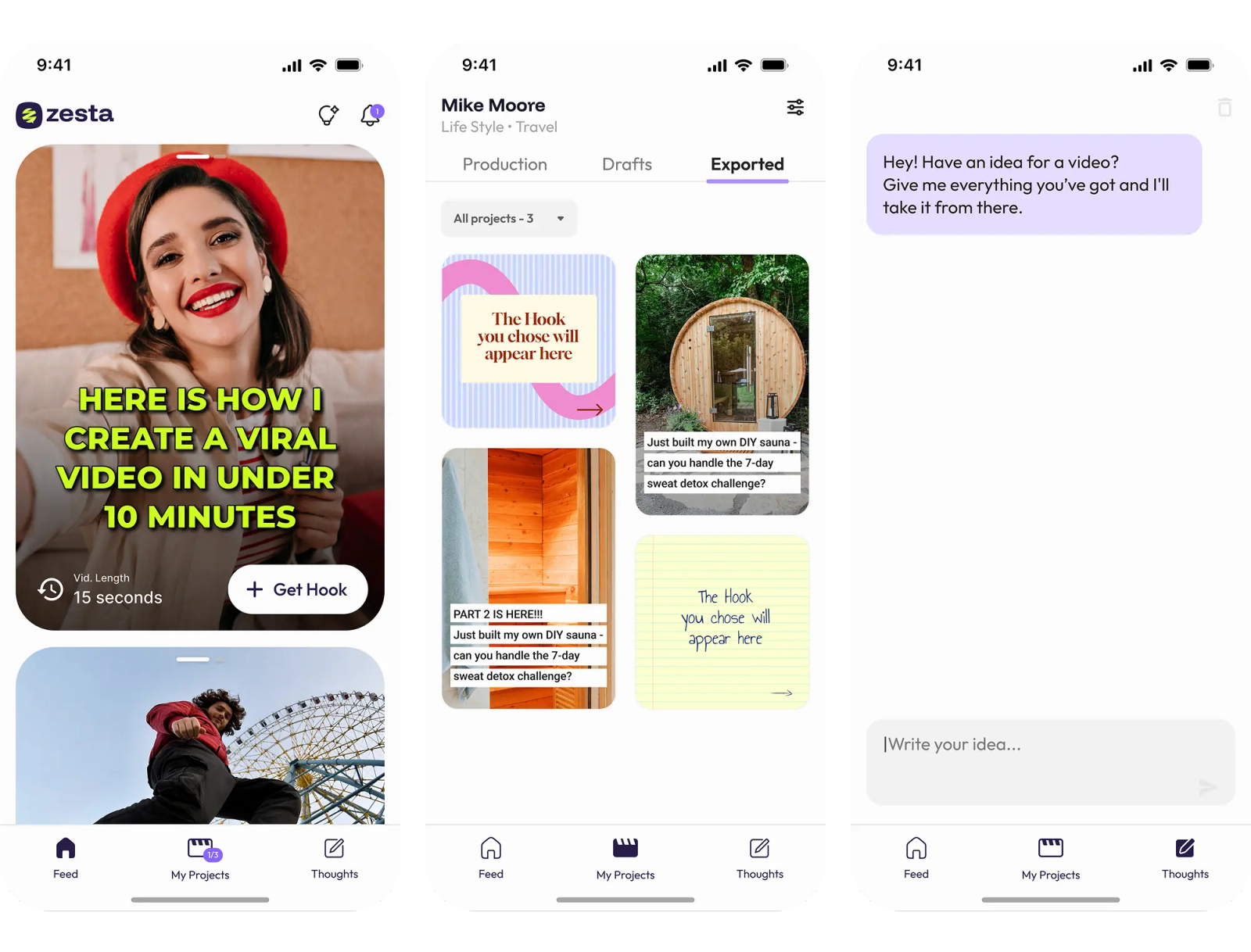 Zesta feed, projects and chat screens before and after the redesign — after