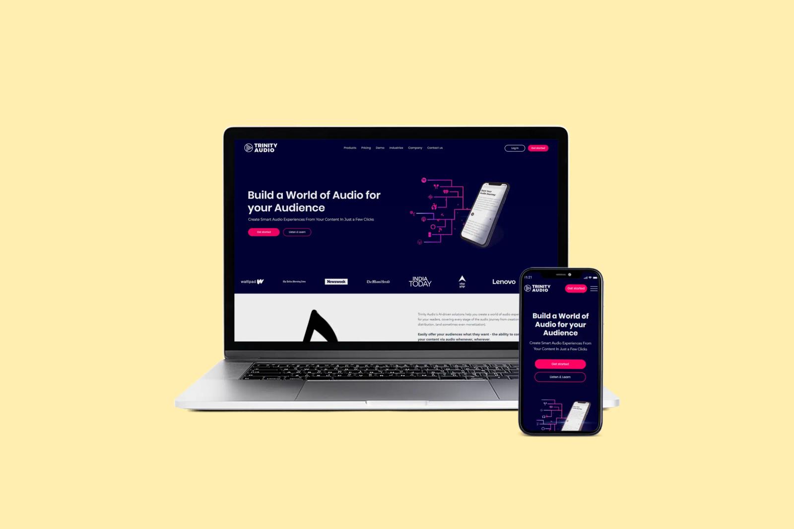 Trinity Audio website on a laptop and a phone