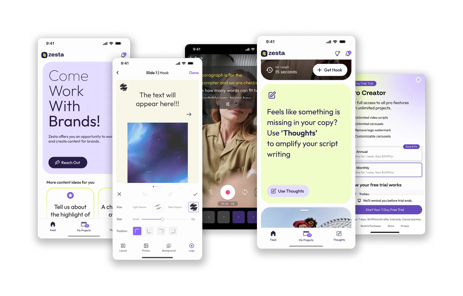 Zesta app screens: onboarding, creation tools and script writing